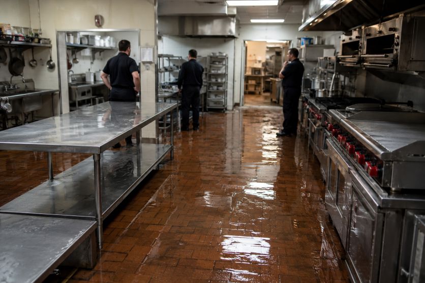 flooded commercial kitchen